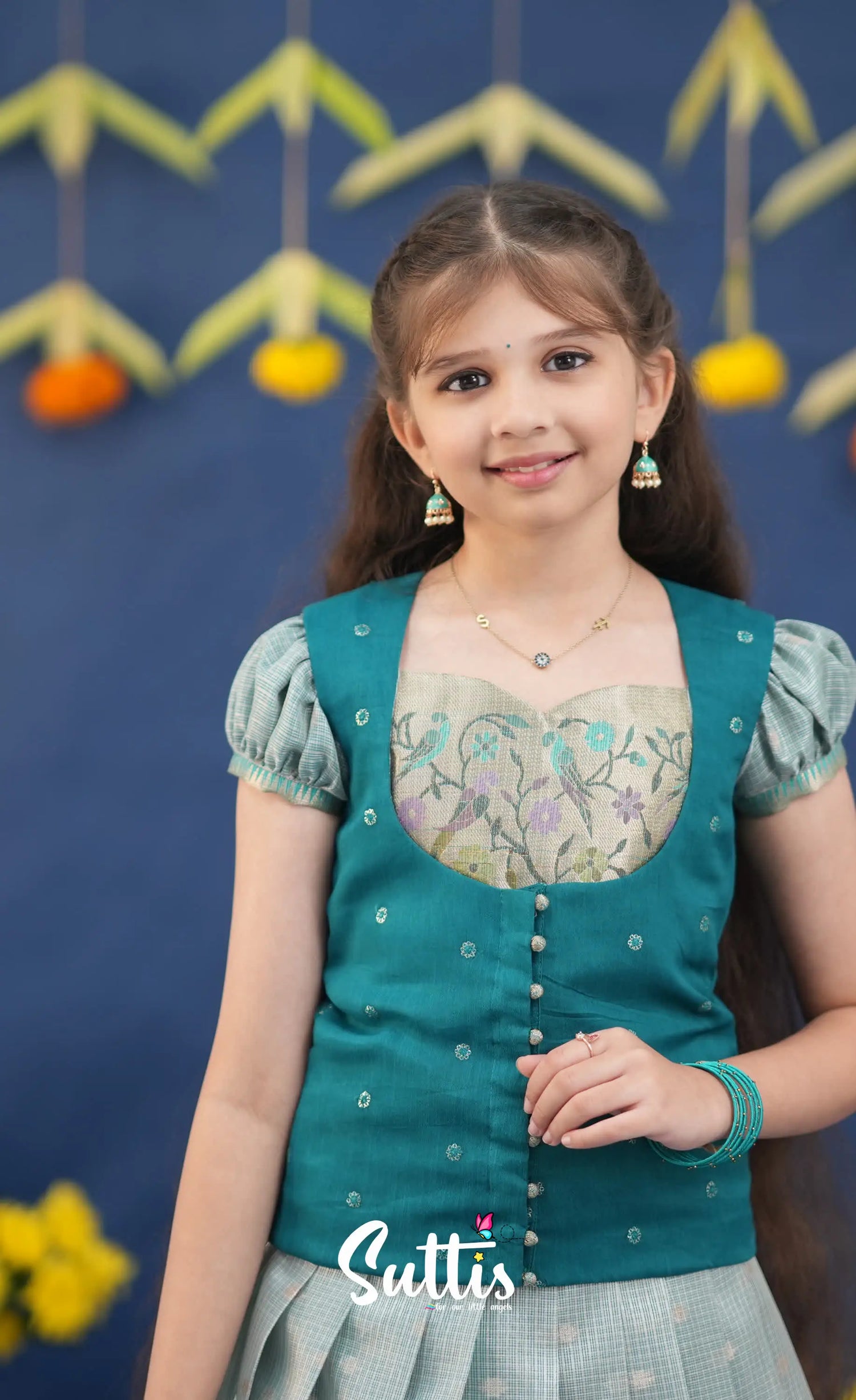 Sayuri Light Teal and dark Turquoise Kota Pavadai Sattai Kids-Suttis