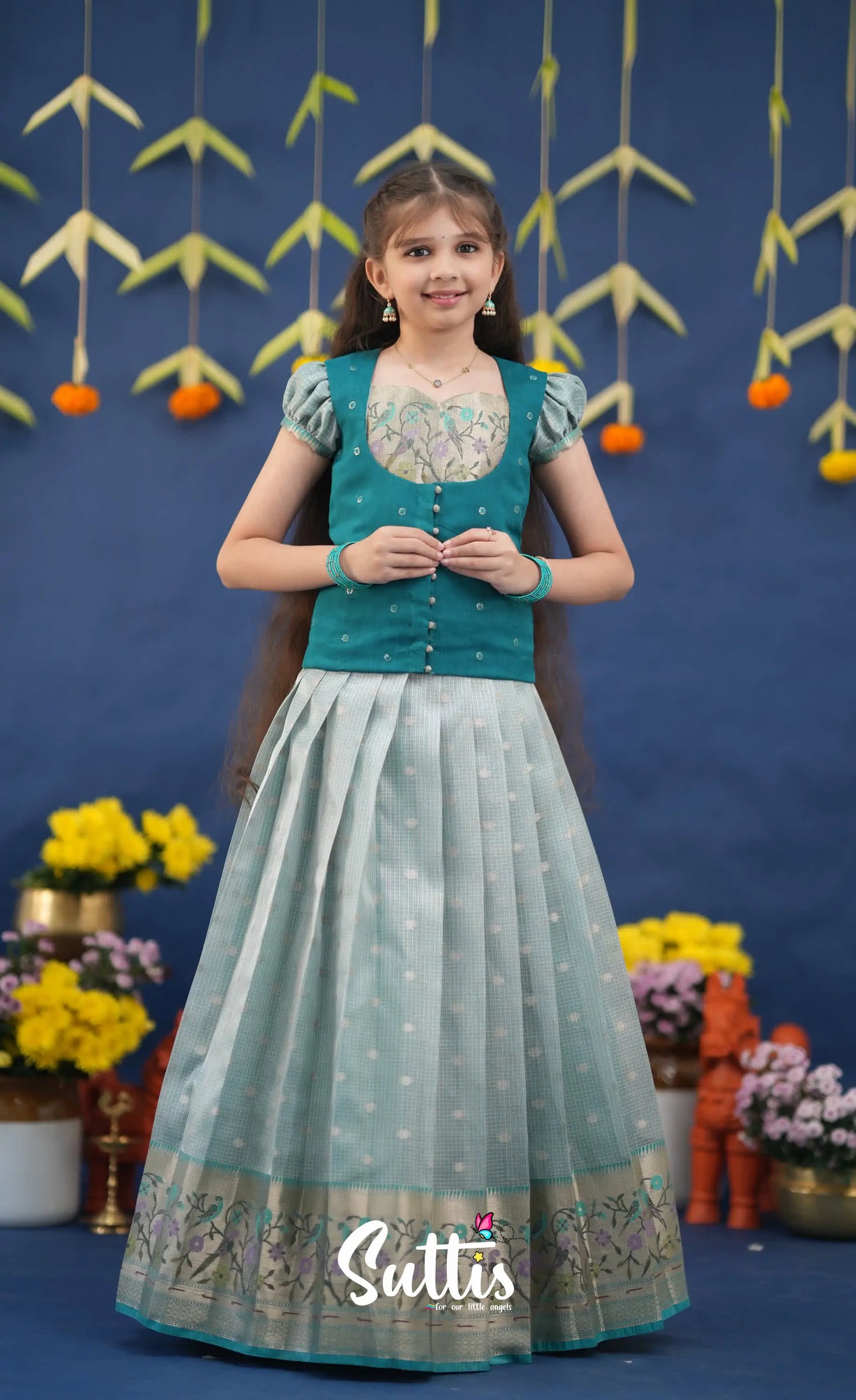 Sayuri Light Teal and dark Turquoise Kota Pavadai Sattai Kids-Suttis