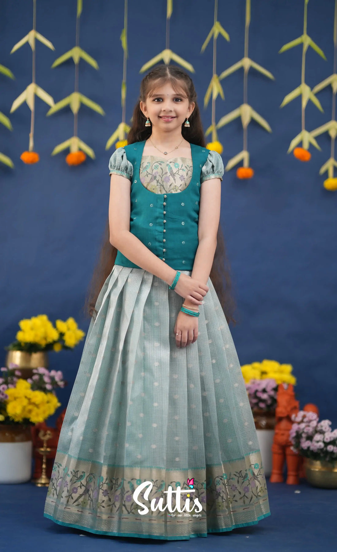 Sayuri Light Teal and dark Turquoise Kota Pavadai Sattai Kids-Suttis