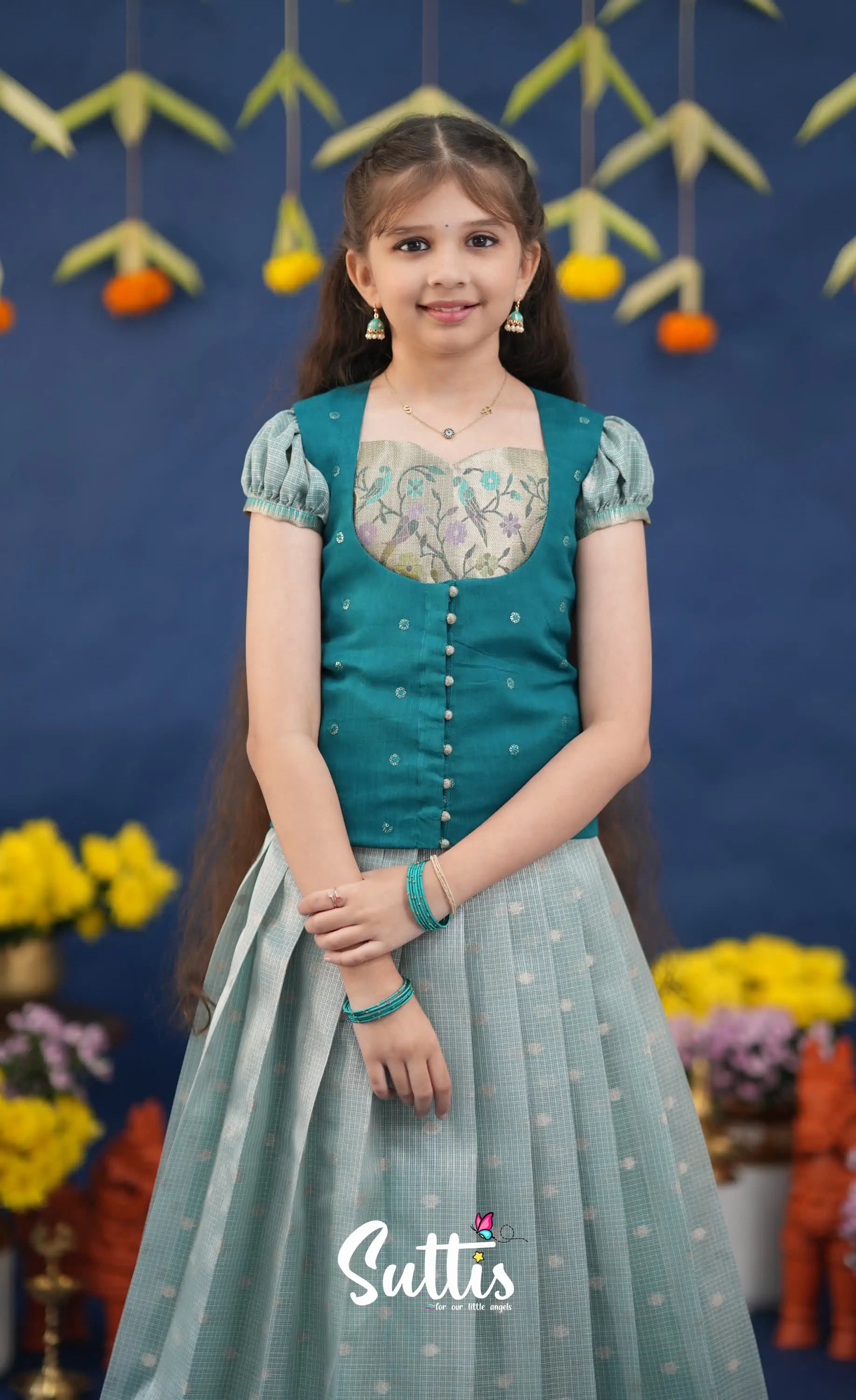 Sayuri Light Teal and dark Turquoise Kota Pavadai Sattai Kids-Suttis