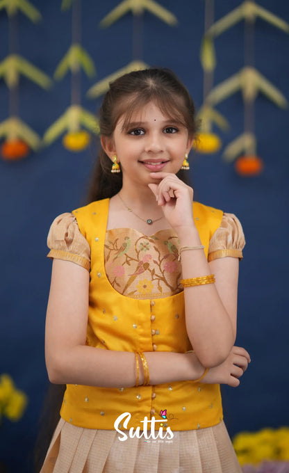 Sayuri Light Yellow and Yellow Paithani Kota Pavadai Sattai Kids-Suttis