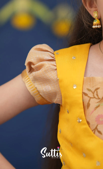 Sayuri Light Yellow and Yellow Paithani Kota Pavadai Sattai Kids-Suttis
