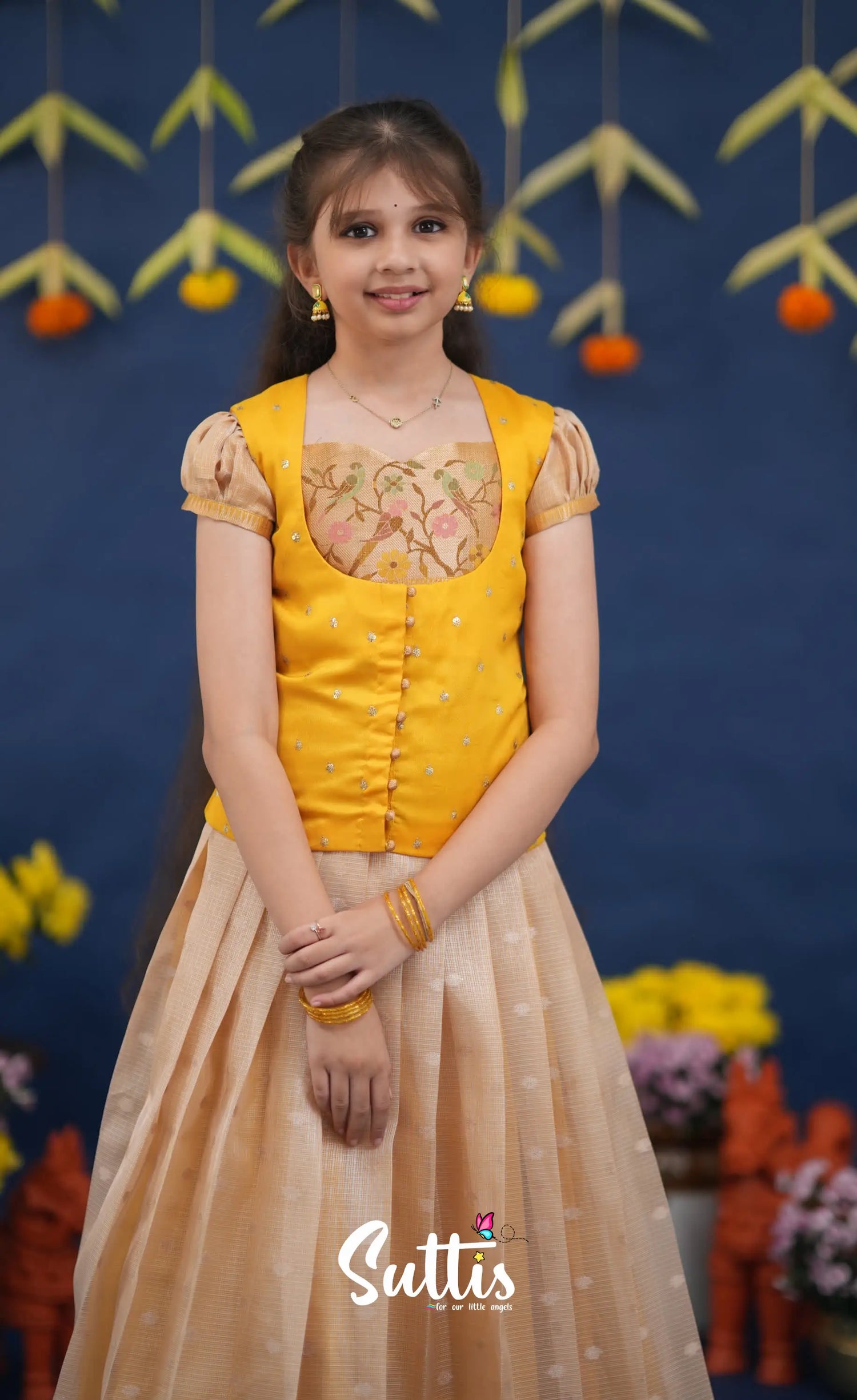 Sayuri Light Yellow and Yellow Paithani Kota Pavadai Sattai Kids-Suttis