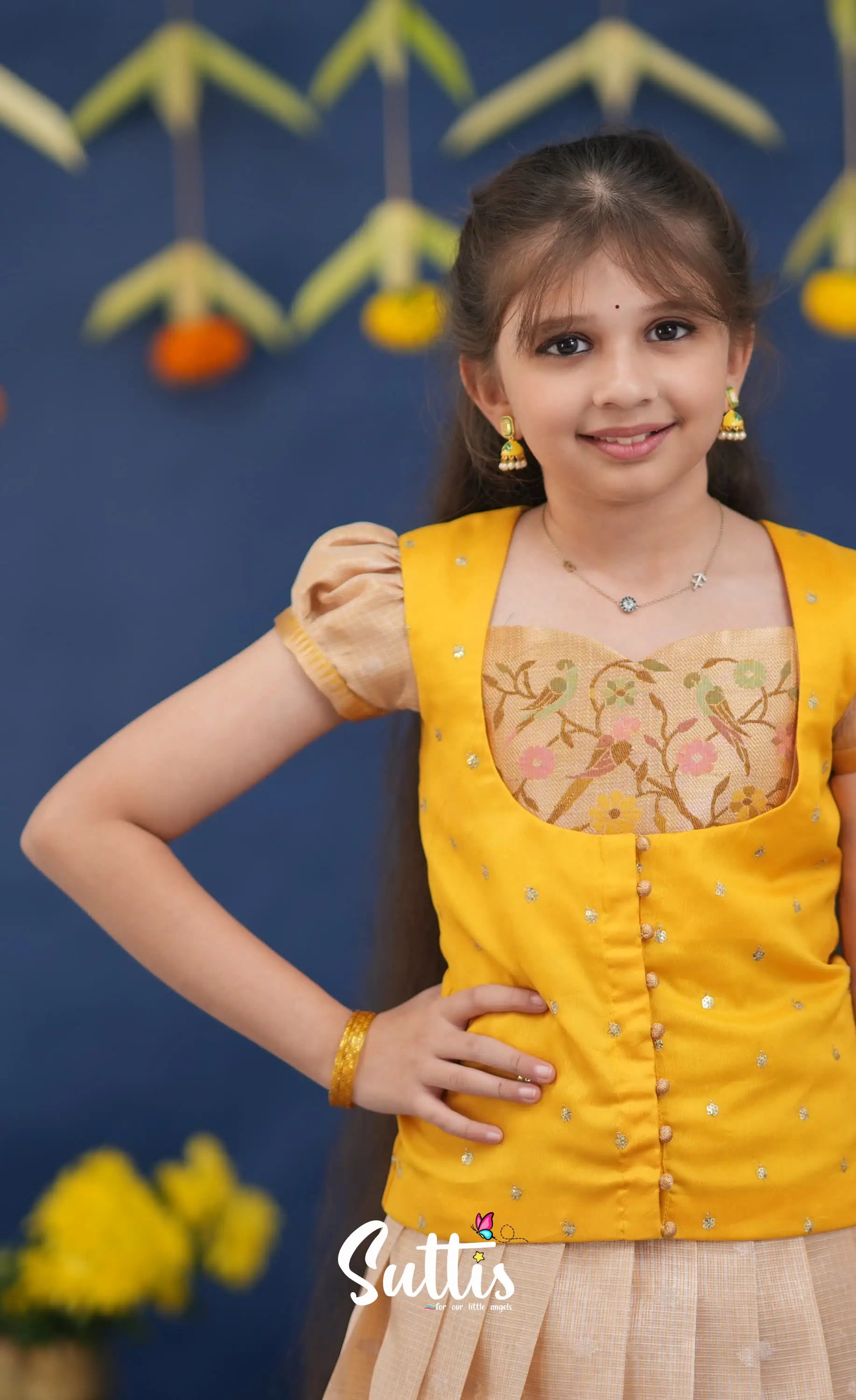 Sayuri Light Yellow and Yellow Paithani Kota Pavadai Sattai Kids-Suttis