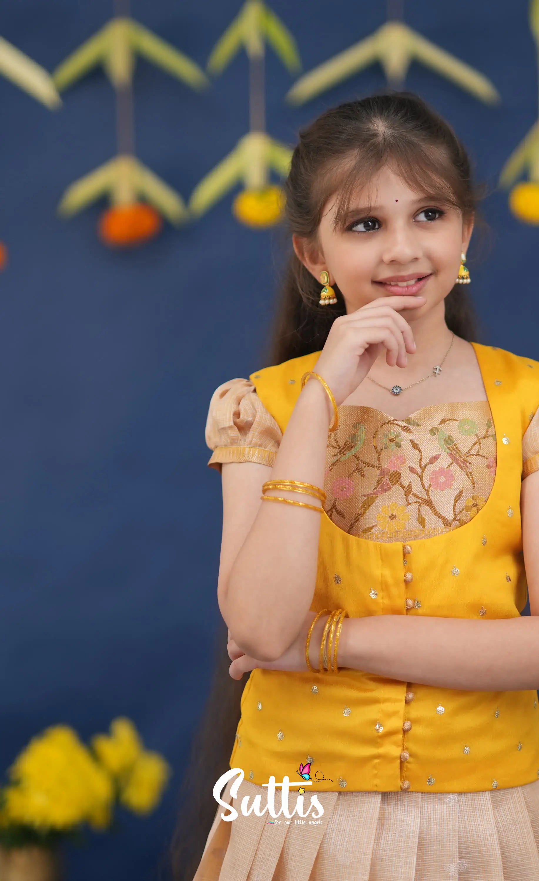 Sayuri Light Yellow and Yellow Paithani Kota Pavadai Sattai Kids-Suttis