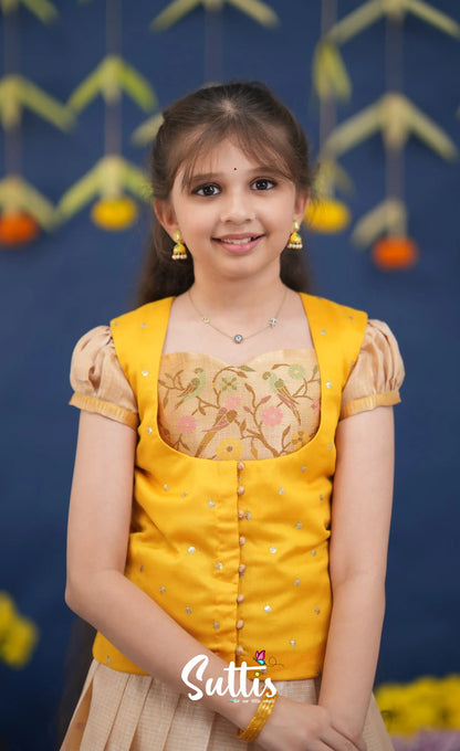 Sayuri Light Yellow and Yellow Paithani Kota Pavadai Sattai Kids-Suttis