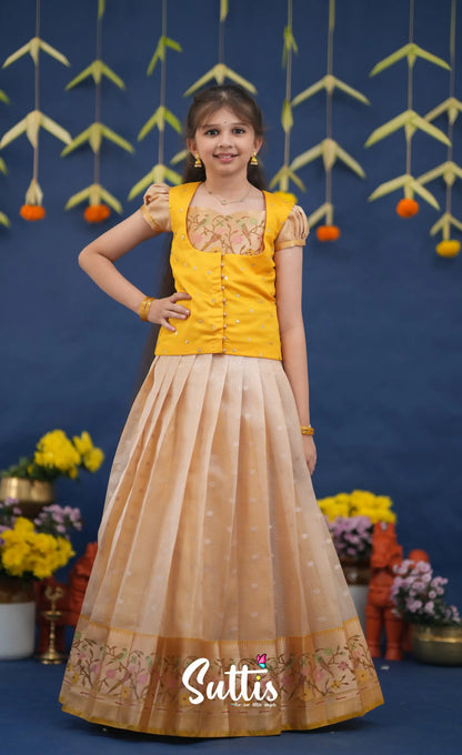 Sayuri Light Yellow and Yellow Paithani Kota Pavadai Sattai Kids-Suttis