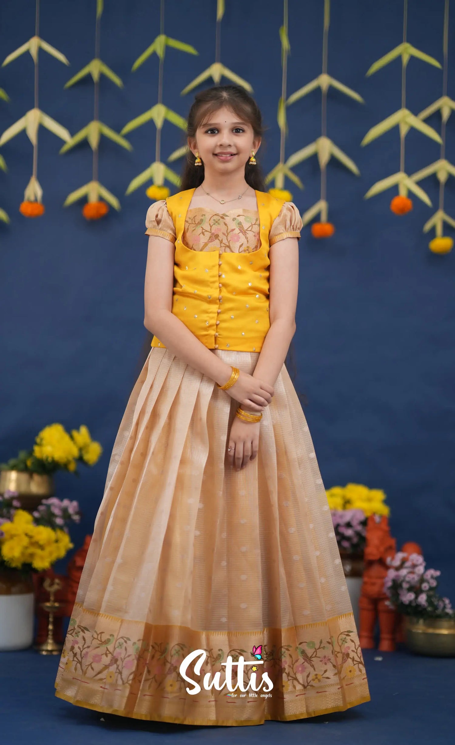 Sayuri Light Yellow and Yellow Paithani Kota Pavadai Sattai Kids-Suttis