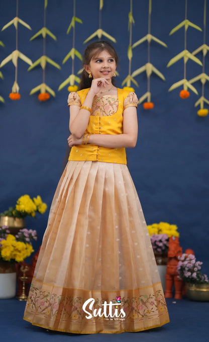 Sayuri Light Yellow and Yellow Paithani Kota Pavadai Sattai Kids-Suttis