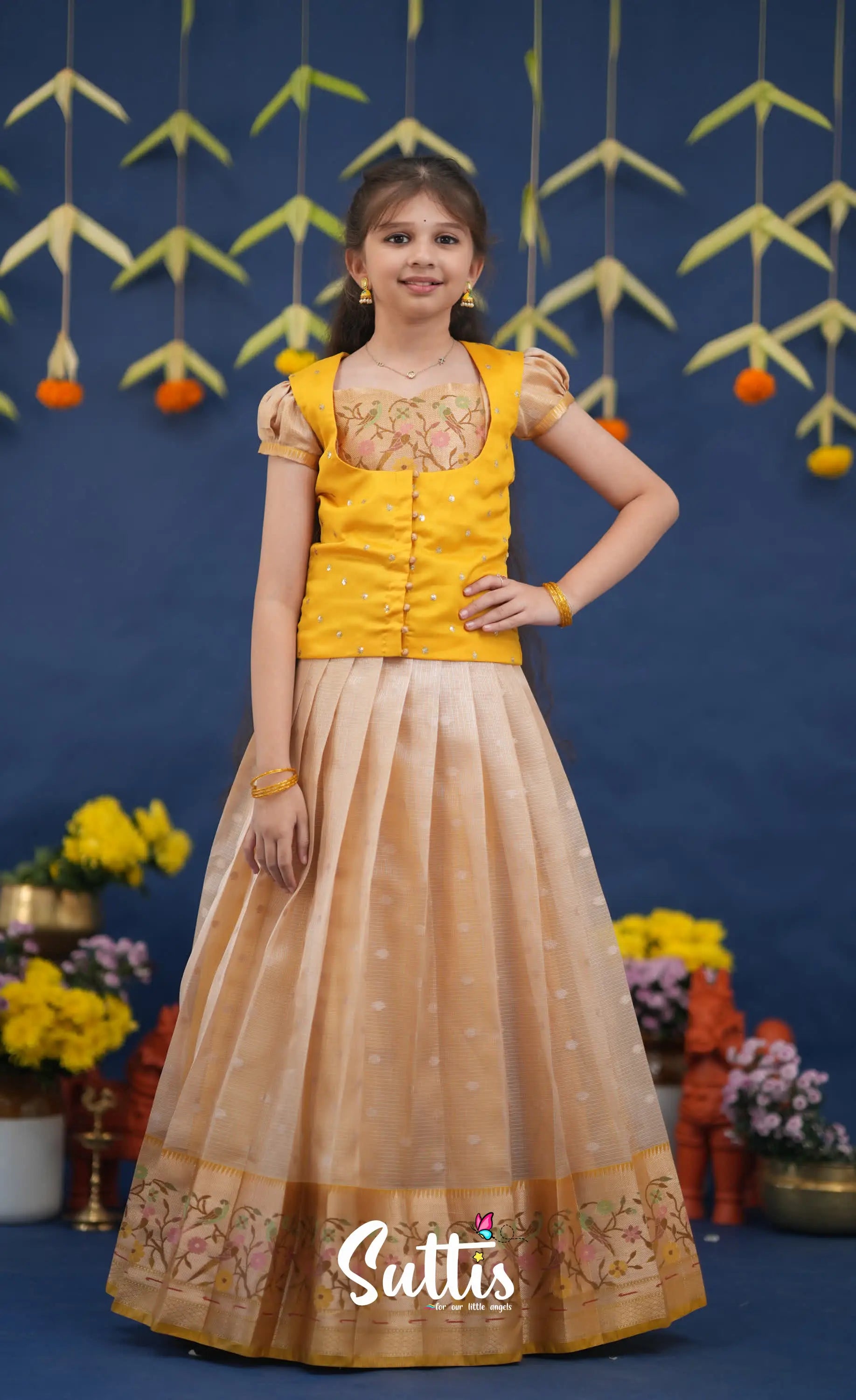 Sayuri Light Yellow and Yellow Paithani Kota Pavadai Sattai Kids-Suttis