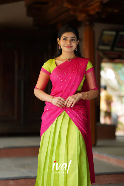 Sayuri - Lime Green And Pink Silk Cotton Halfsaree Half Sarees