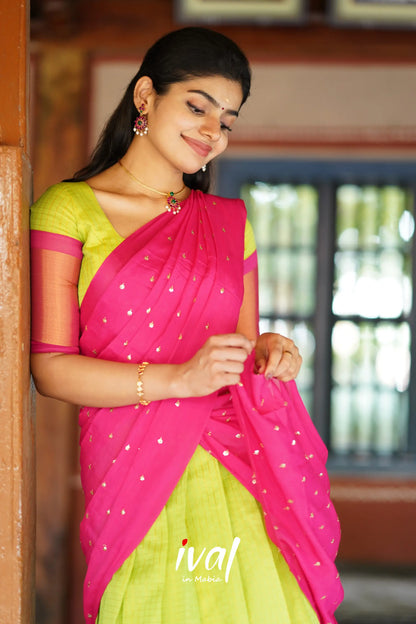 Sayuri - Lime Green And Pink Silk Cotton Halfsaree Half Sarees