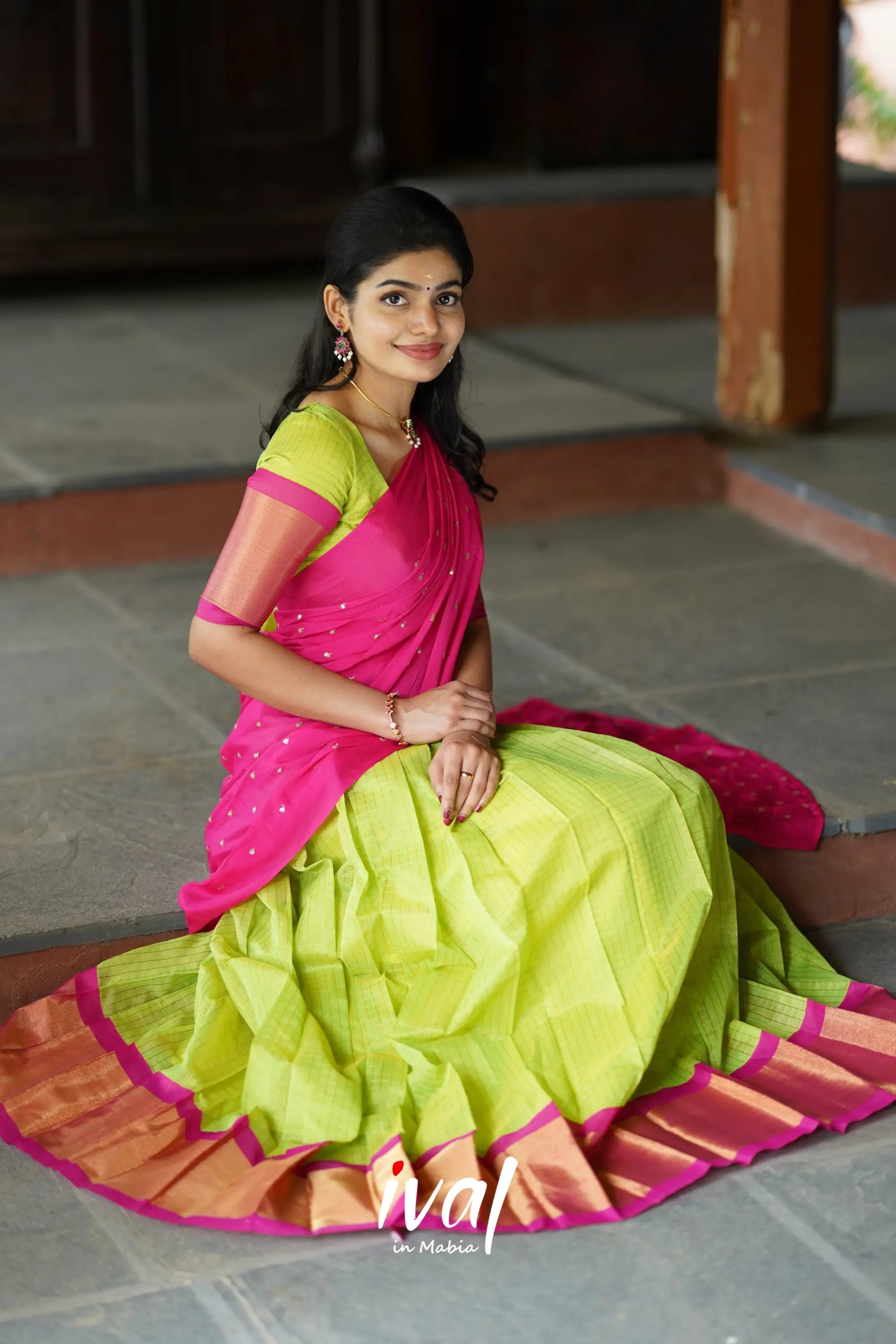 Sayuri - Lime Green And Pink Silk Cotton Halfsaree Half Sarees