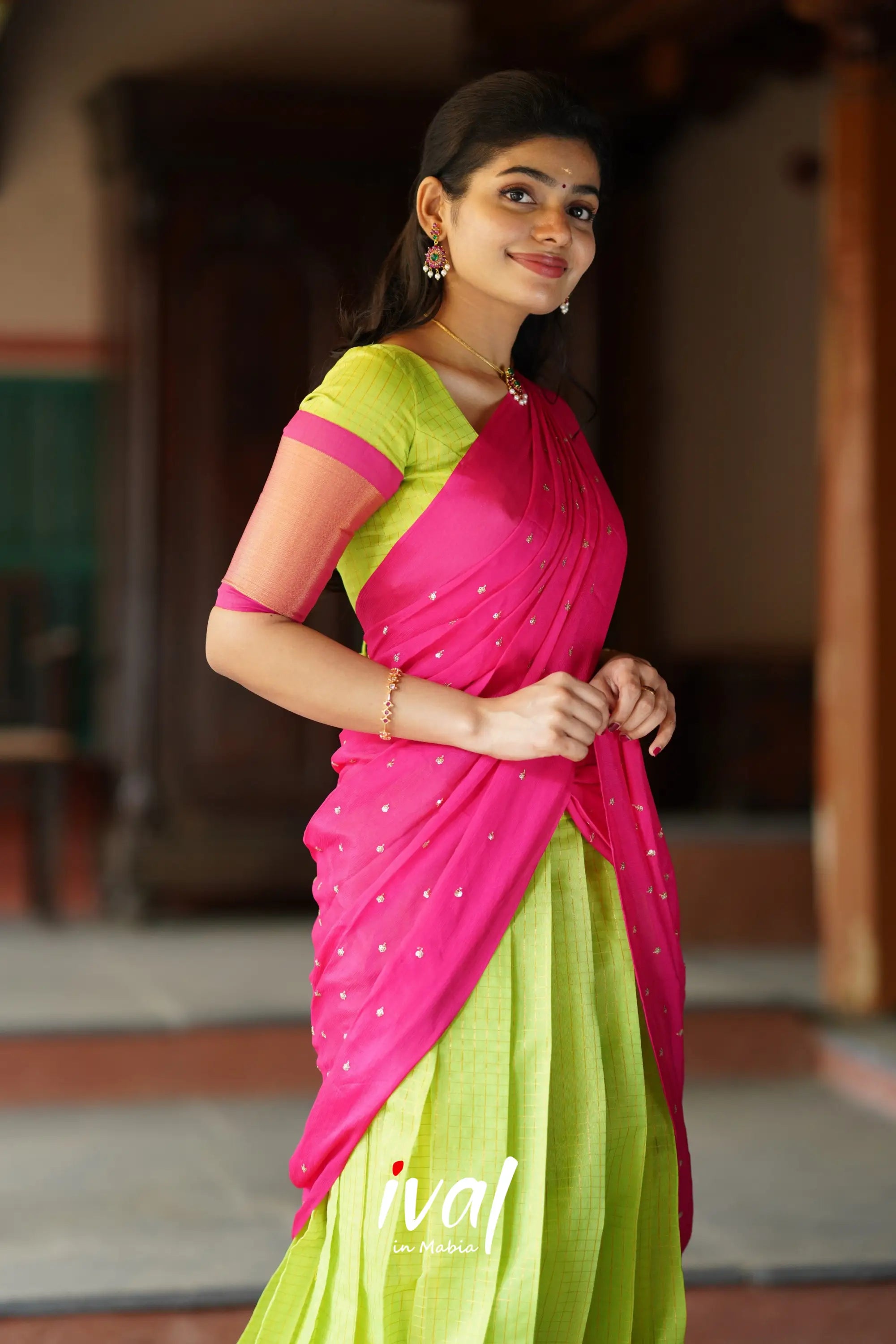 Sayuri - Lime Green And Pink Silk Cotton Halfsaree Half Sarees