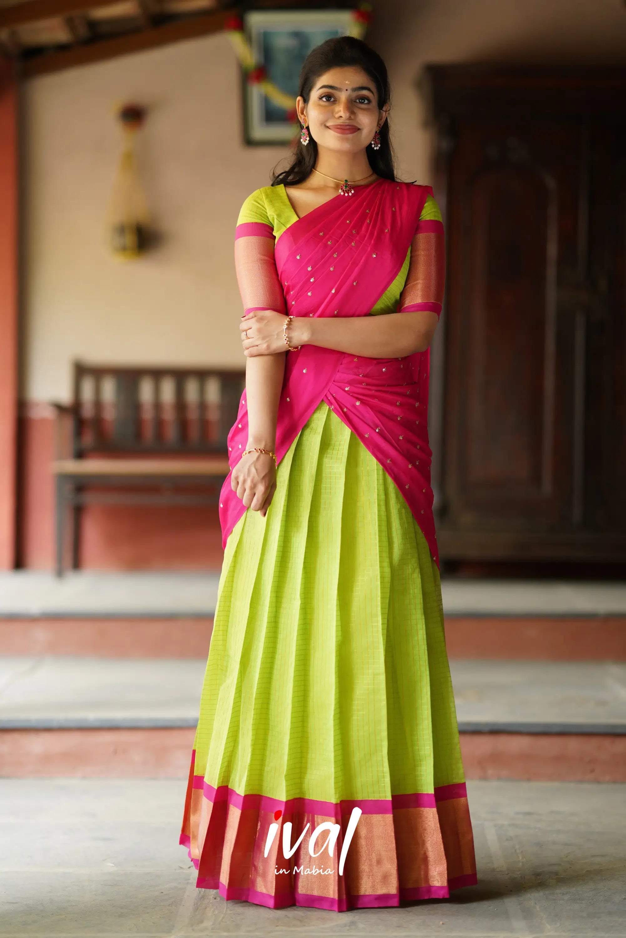 Sayuri - Lime Green and Pink Silk Cotton Halfsaree XS Sayuri - Lime Green and Pink Silk Cotton Halfsaree XS