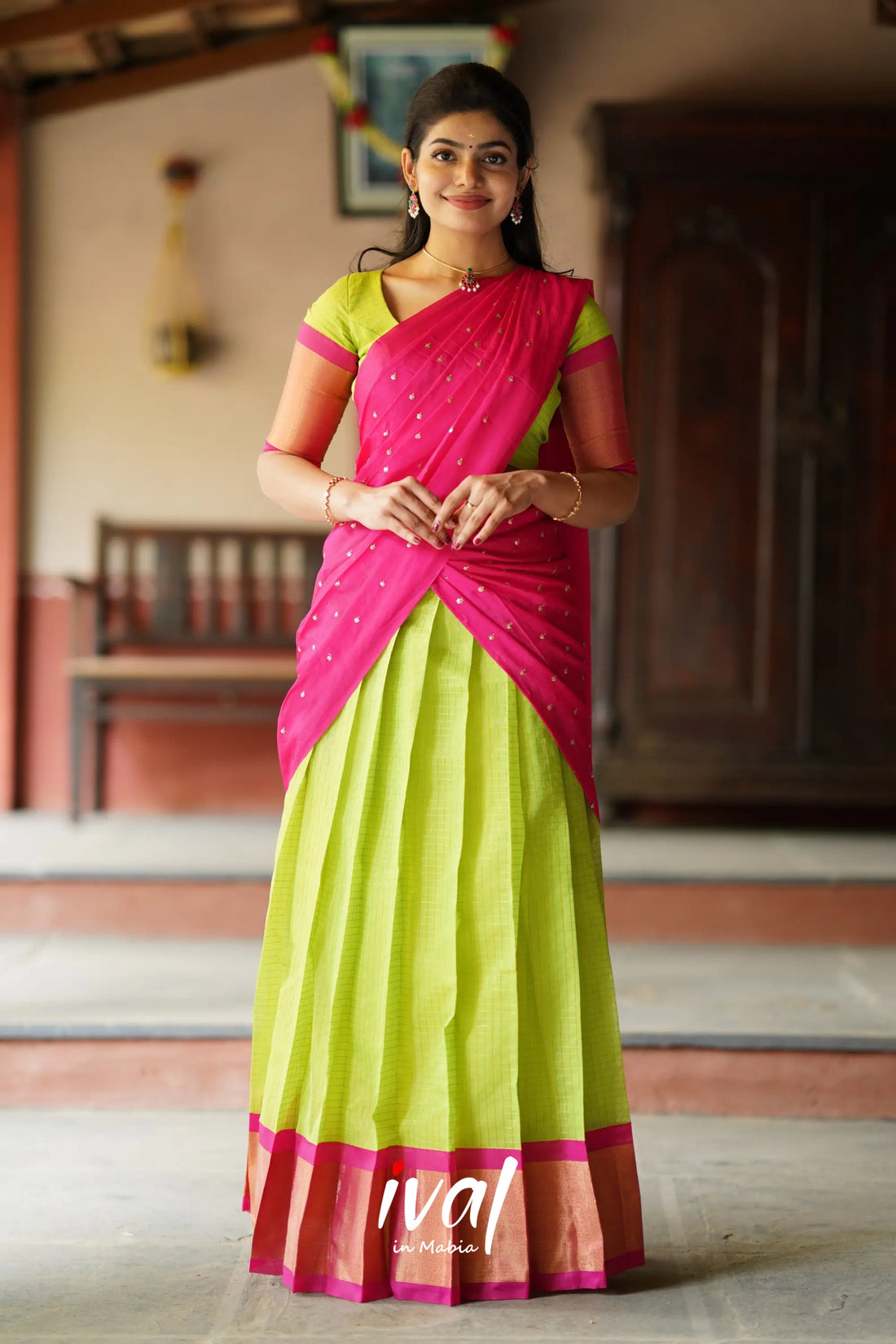 Sayuri - Lime Green And Pink Silk Cotton Halfsaree Half Sarees