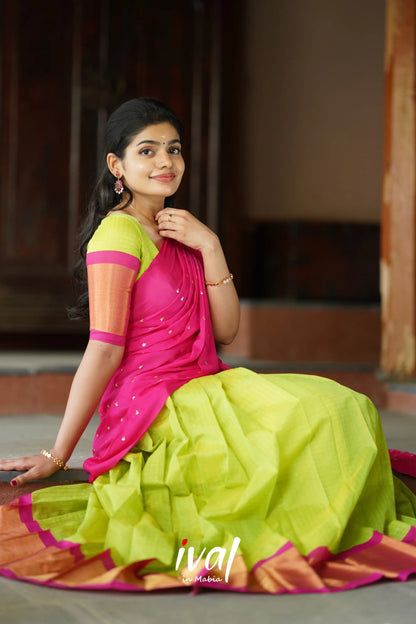 Sayuri - Lime Green And Pink Silk Cotton Halfsaree Half Sarees