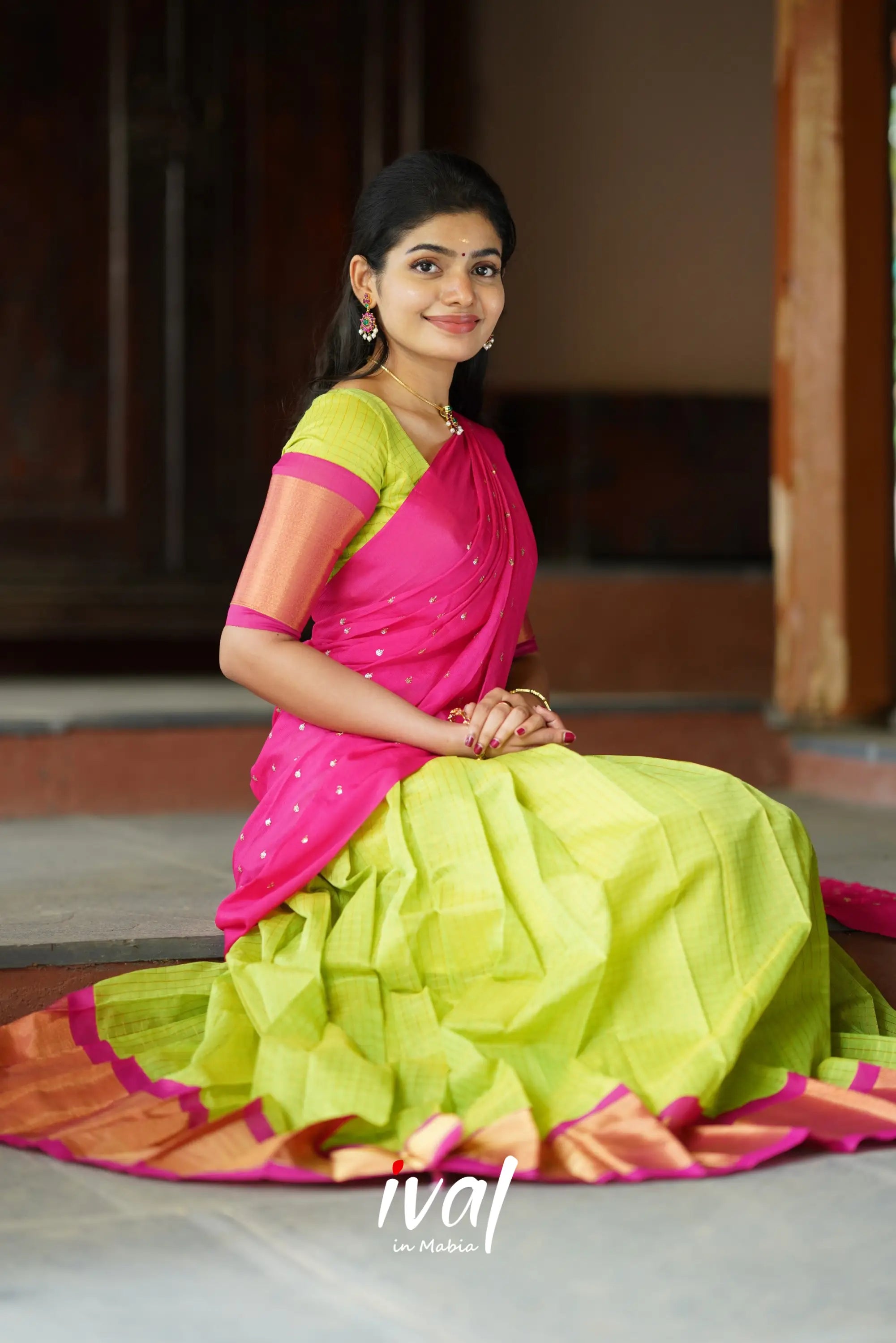 Sayuri - Lime Green And Pink Silk Cotton Halfsaree Half Sarees