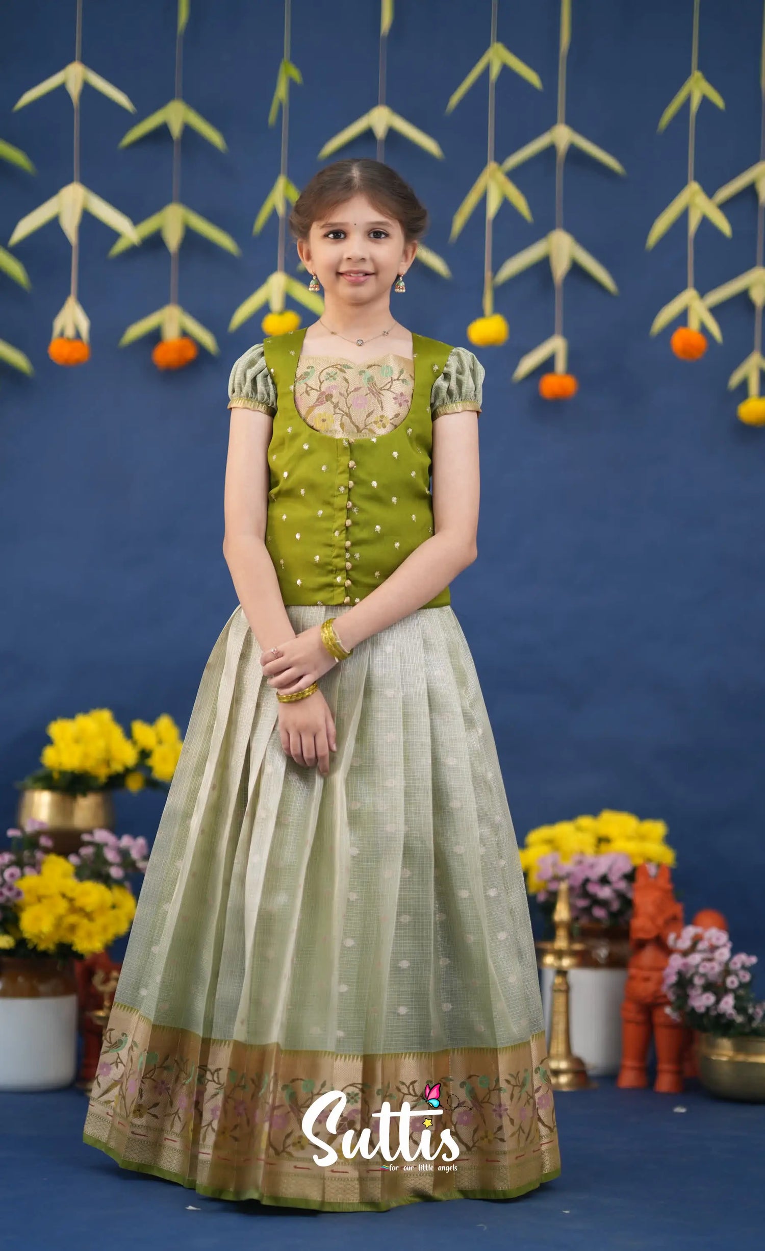 Sayuri Pastel Green and Dark Pista Green Paithani Kota Pavadai Sattai Kids-Suttis