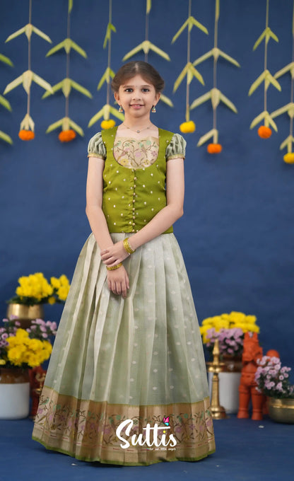 Sayuri Pastel Green and Dark Pista Green Paithani Kota Pavadai Sattai Kids-Suttis