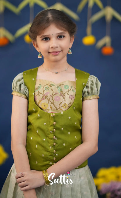Sayuri Pastel Green and Dark Pista Green Paithani Kota Pavadai Sattai Kids-Suttis