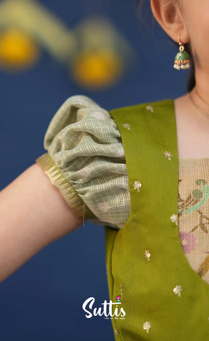 Sayuri Pastel Green and Dark Pista Green Paithani Kota Pavadai Sattai Kids-Suttis