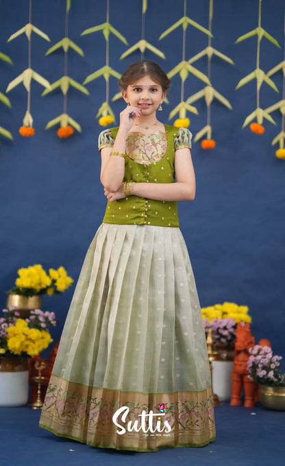 Sayuri Pastel Green and Dark Pista Green Paithani Kota Pavadai Sattai Kids-Suttis