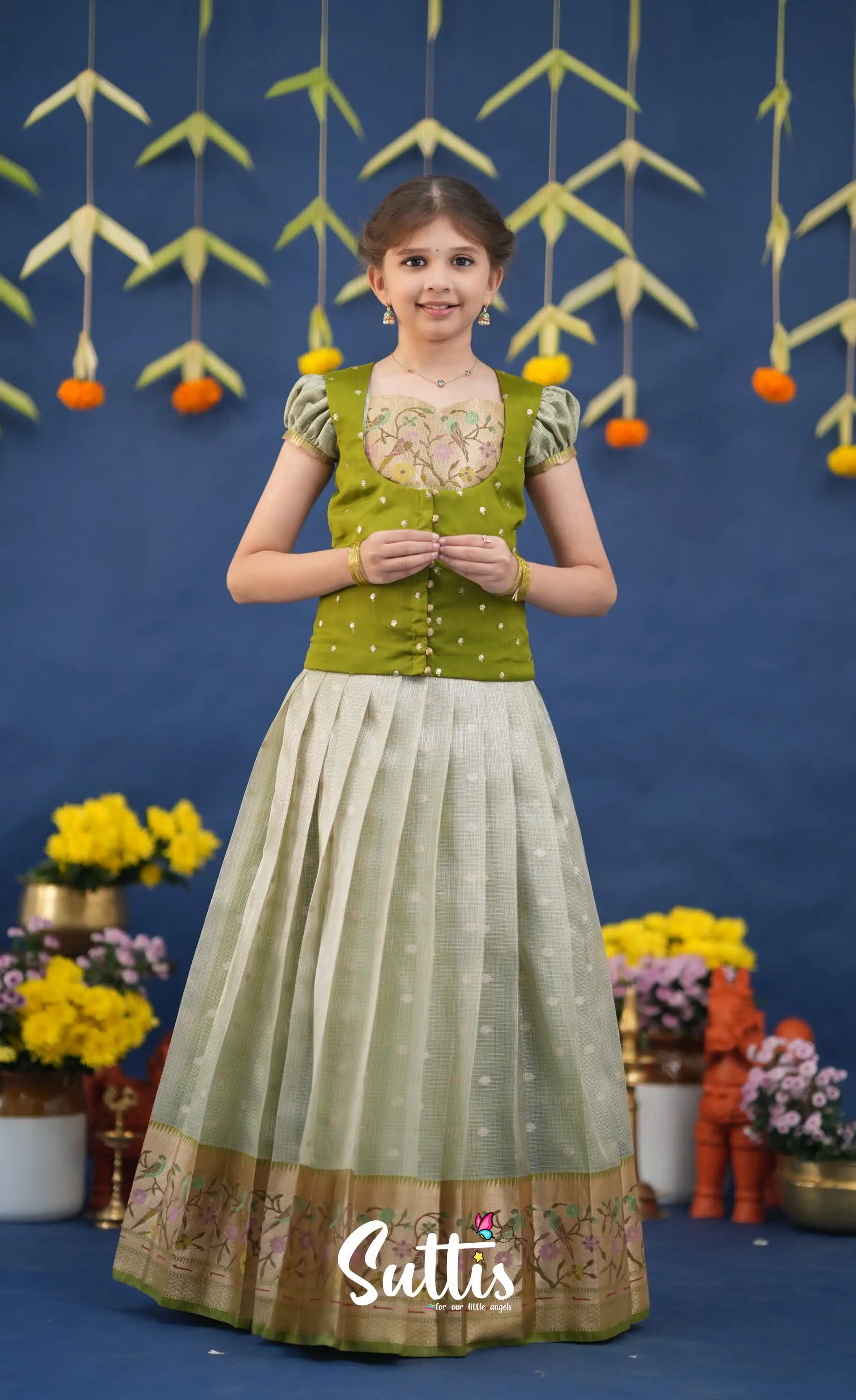 Sayuri Pastel Green and Dark Pista Green Paithani Kota Pavadai Sattai Kids-Suttis