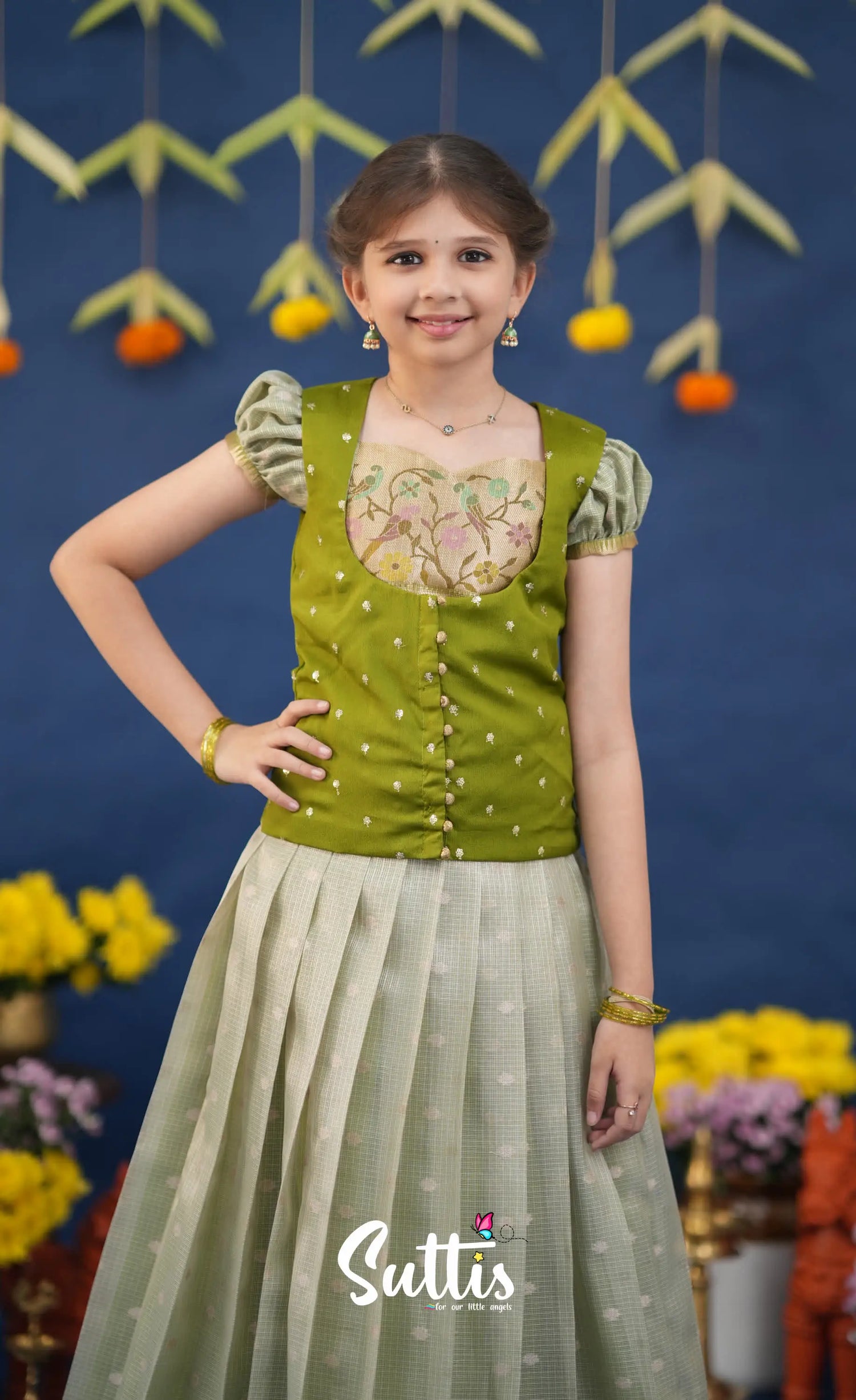 Sayuri Pastel Green and Dark Pista Green Paithani Kota Pavadai Sattai Kids-Suttis