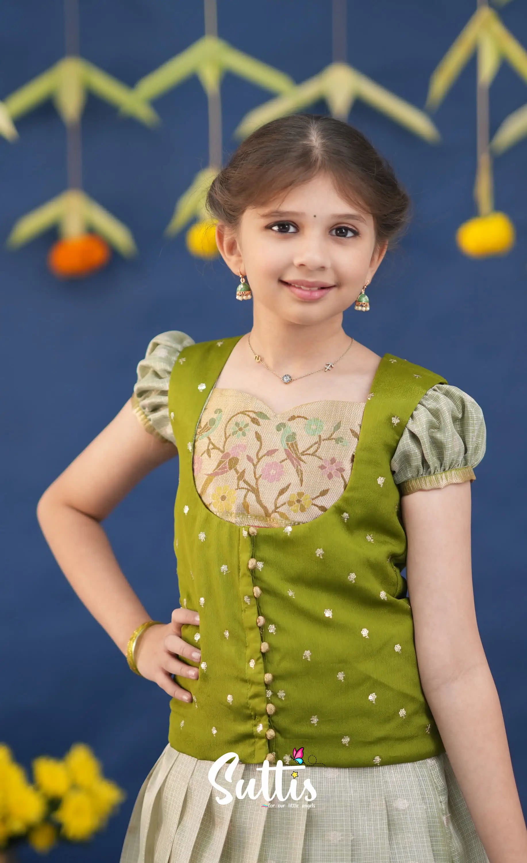 Sayuri Pastel Green and Dark Pista Green Paithani Kota Pavadai Sattai Kids-Suttis