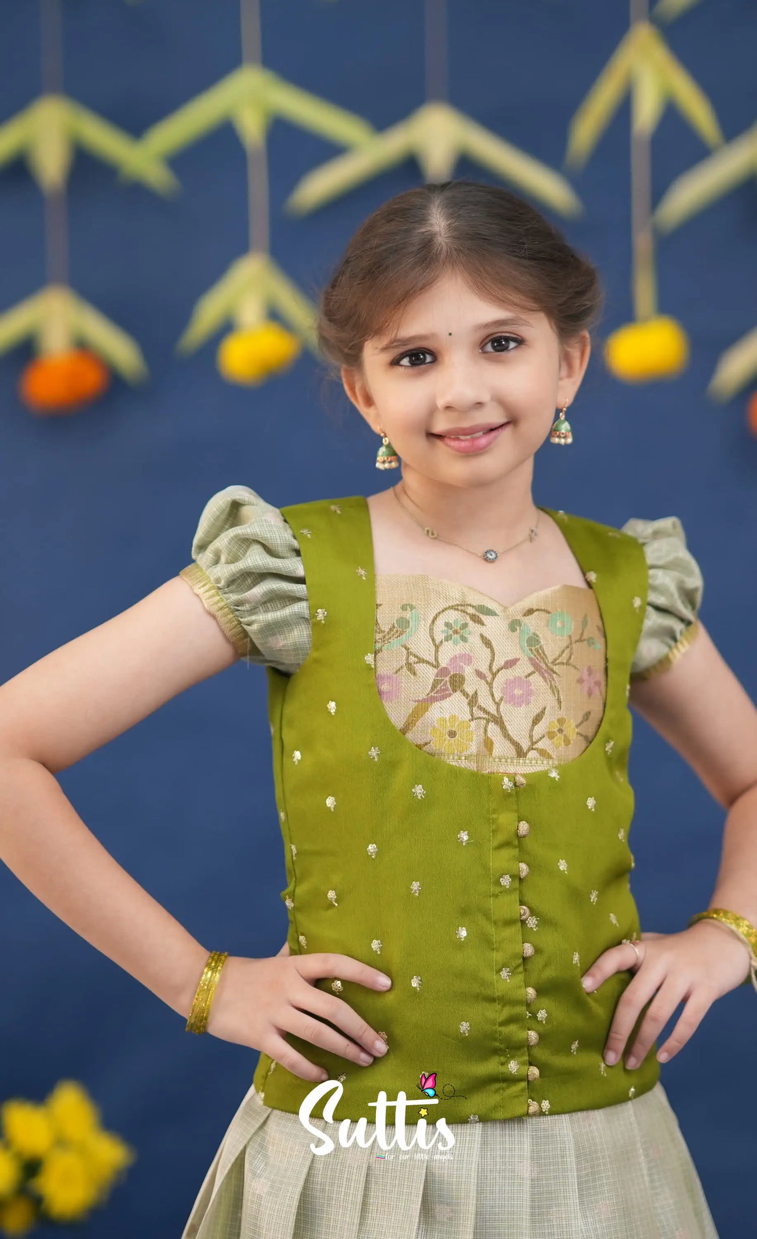 Sayuri Pastel Green and Dark Pista Green Paithani Kota Pavadai Sattai Kids-Suttis