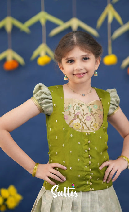Sayuri Pastel Green and Dark Pista Green Paithani Kota Pavadai Sattai Kids-Suttis