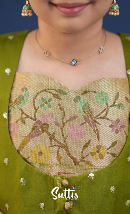 Sayuri Pastel Green and Dark Pista Green Paithani Kota Pavadai Sattai Kids-Suttis