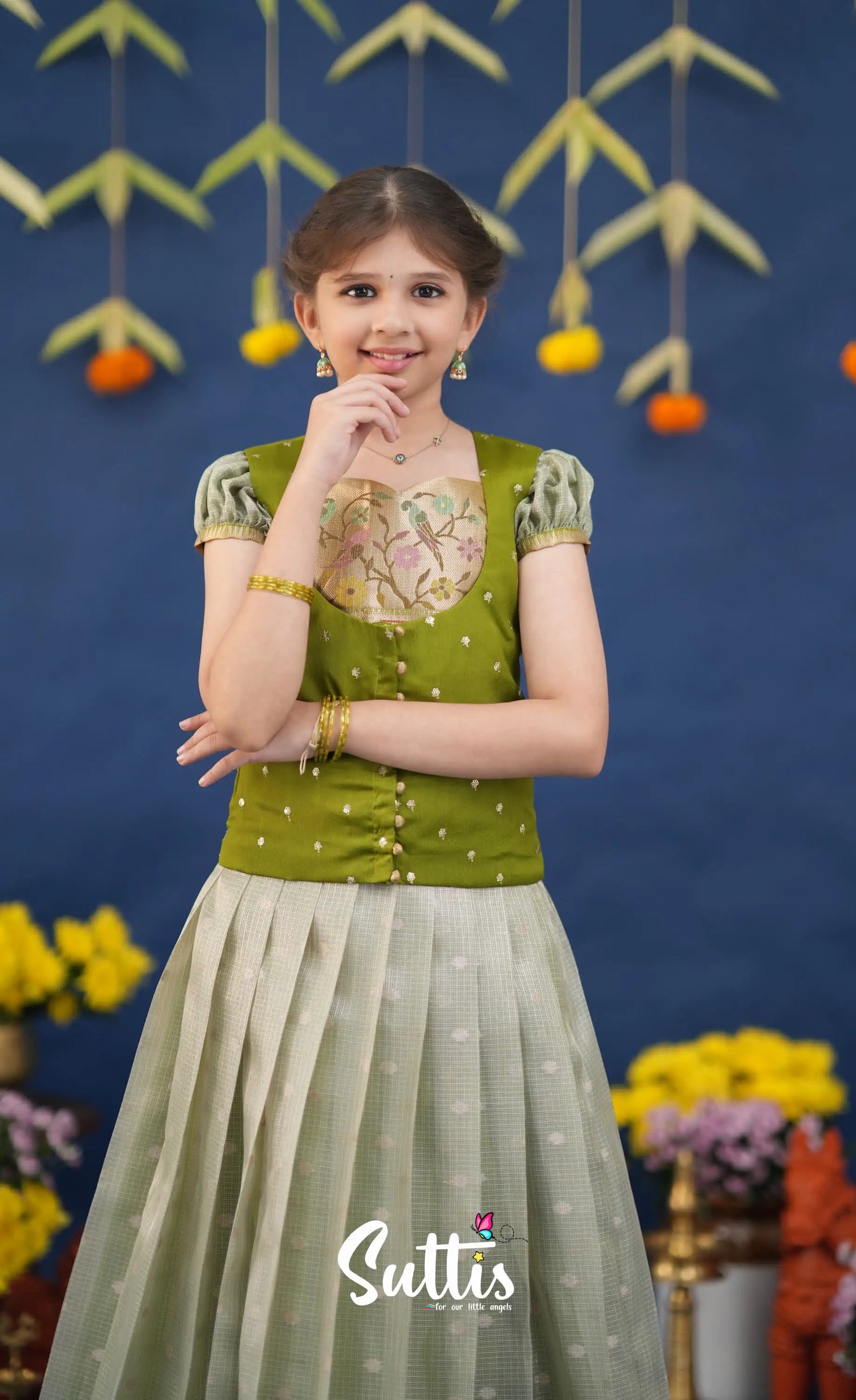 Sayuri Pastel Green and Dark Pista Green Paithani Kota Pavadai Sattai Kids-Suttis