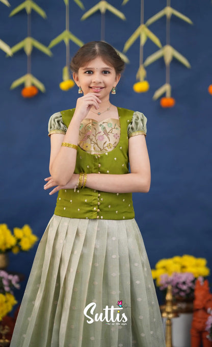 Sayuri Pastel Green and Dark Pista Green Paithani Kota Pavadai Sattai Kids-Suttis