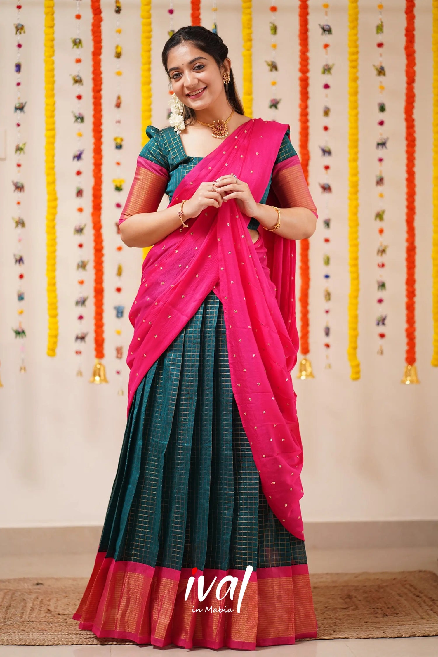 Sayuri - Peacock Green And Pink Silk Cotton Halfsaree Half Sarees