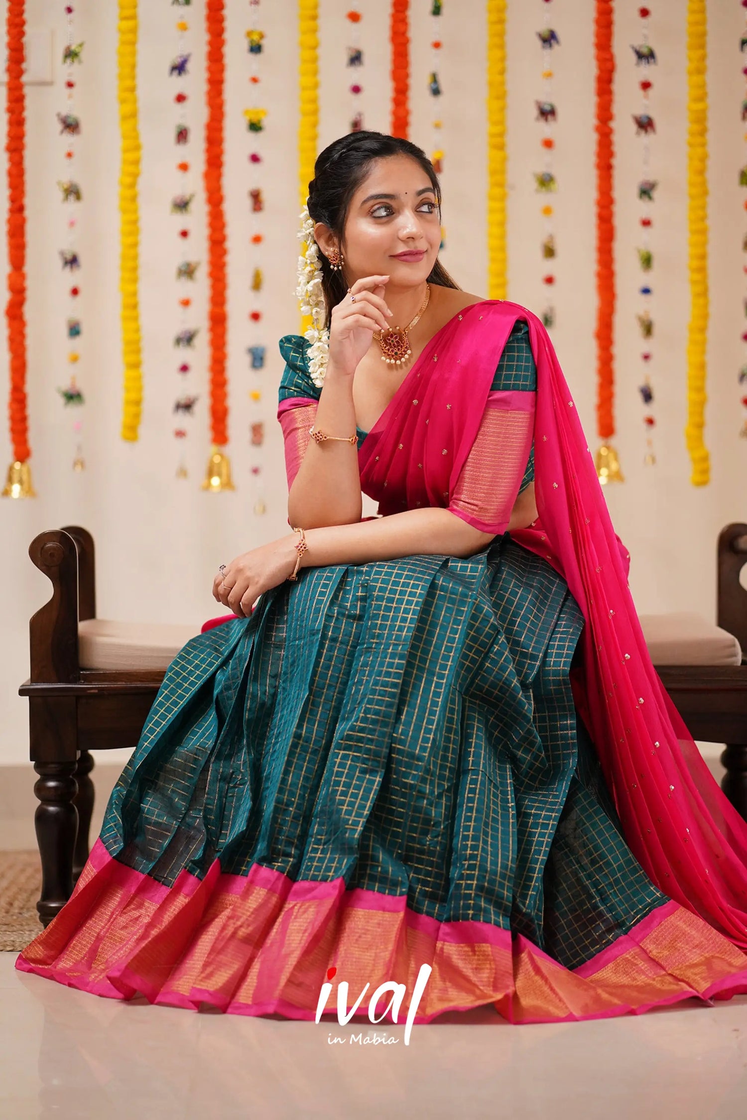 Sayuri - Peacock Green And Pink Silk Cotton Halfsaree Half Sarees