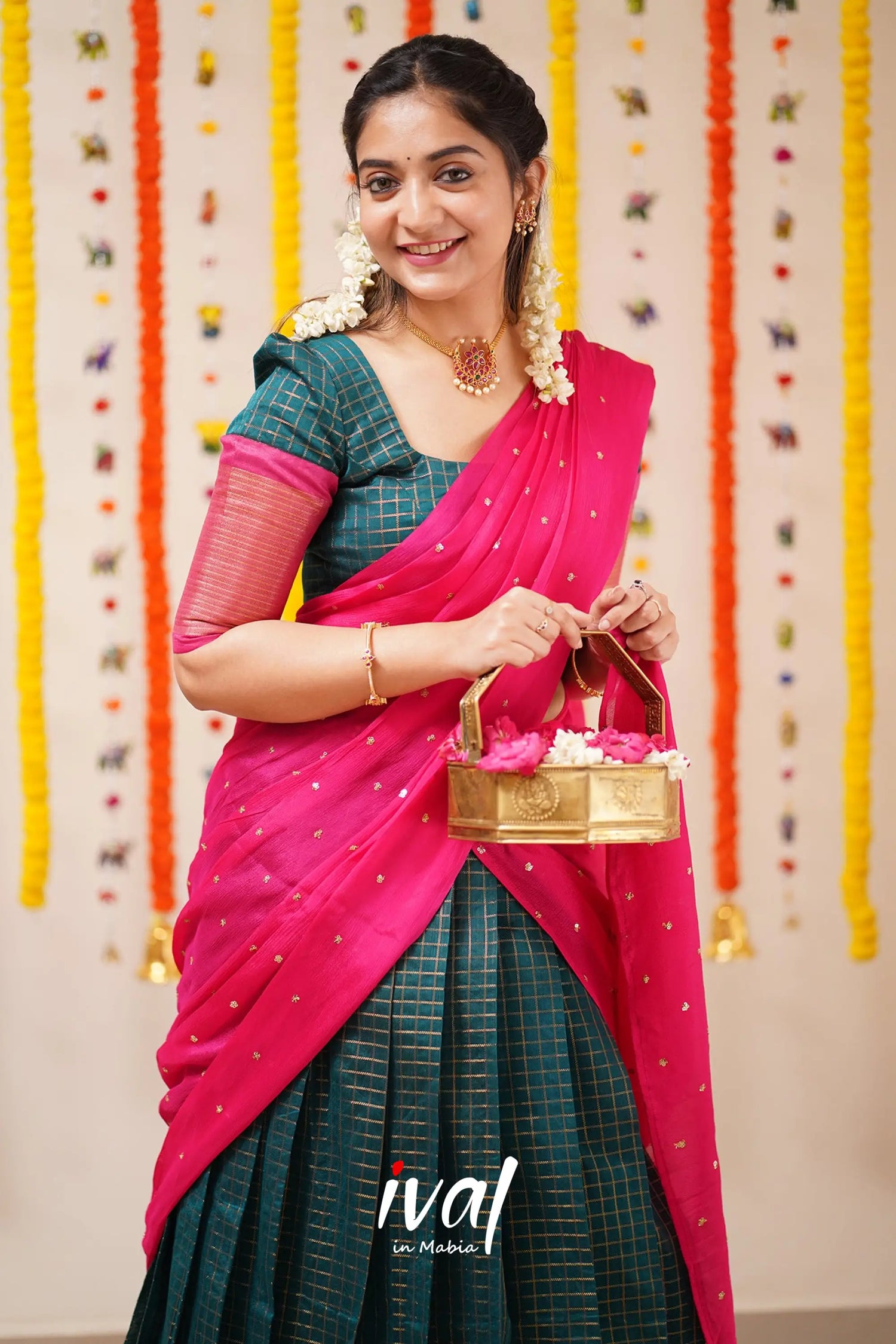 Sayuri - Peacock Green And Pink Silk Cotton Halfsaree Half Sarees