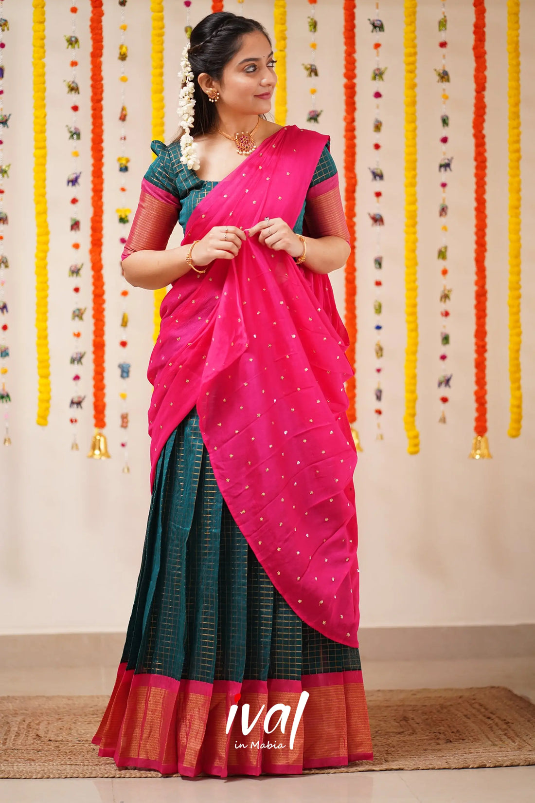 Sayuri - Peacock Green And Pink Silk Cotton Halfsaree Half Sarees