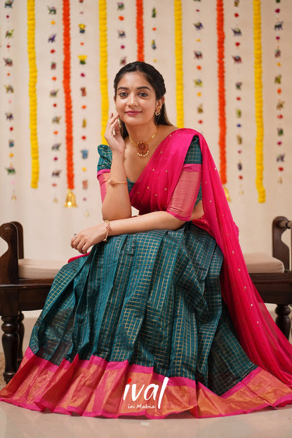 Sayuri - Peacock Green And Pink Silk Cotton Halfsaree Half Sarees