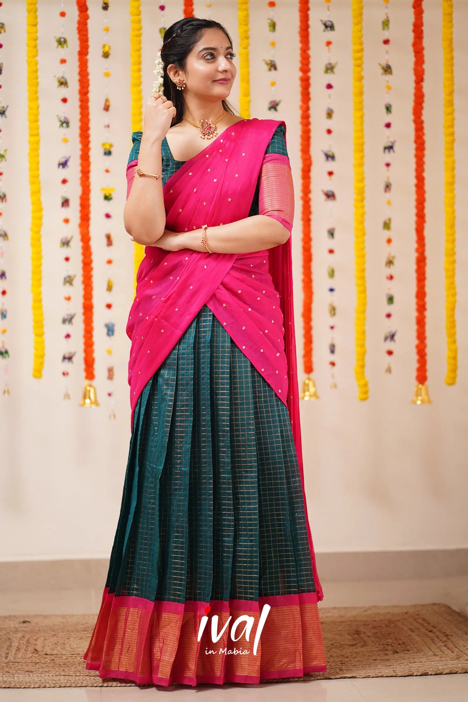 Sayuri - Peacock Green And Pink Silk Cotton Halfsaree Half Sarees