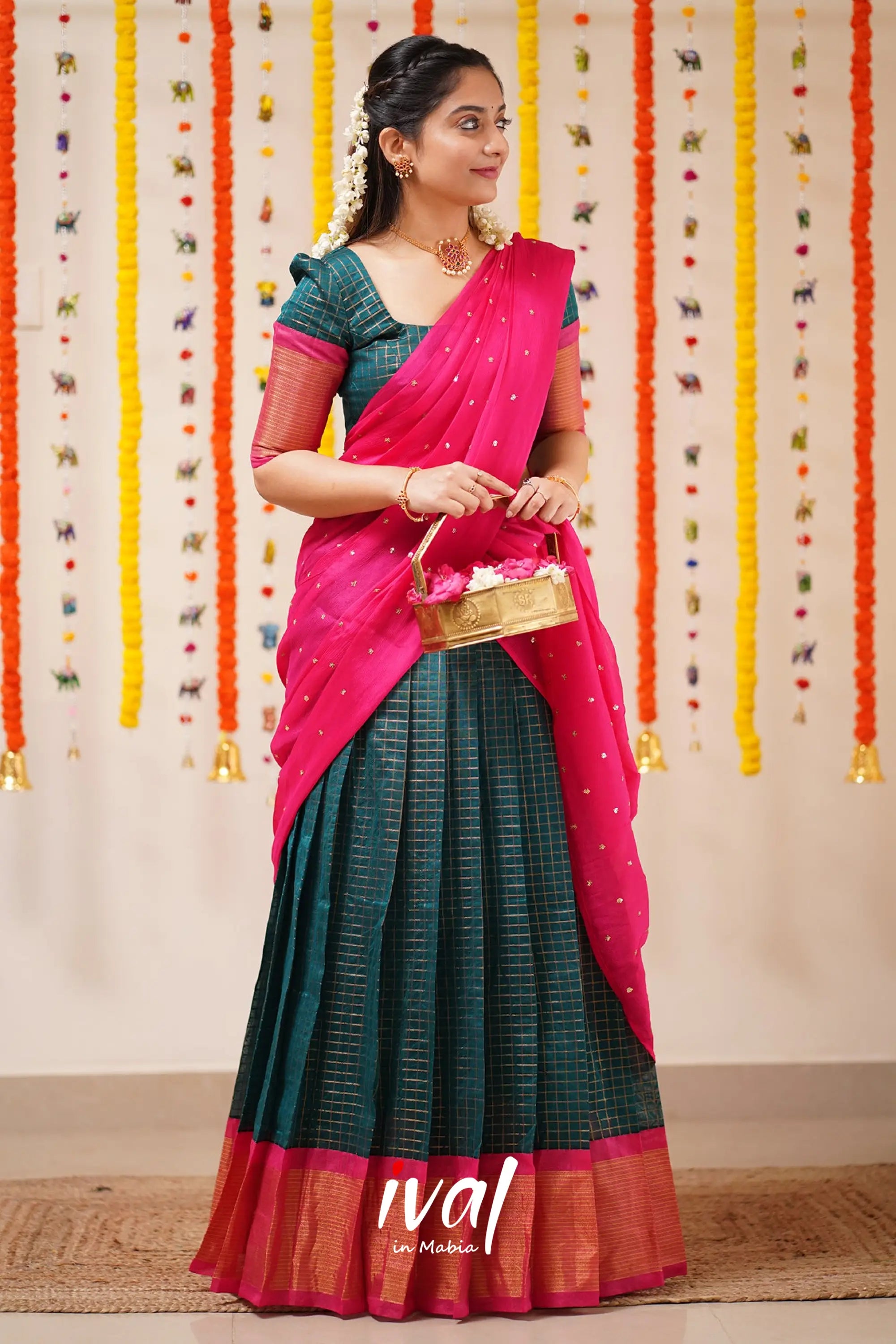 Sayuri - Peacock Green And Pink Silk Cotton Halfsaree Half Sarees