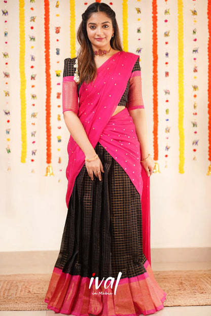 Sayuri - Pink And Black Silk Cotton Halfsaree Half Sarees