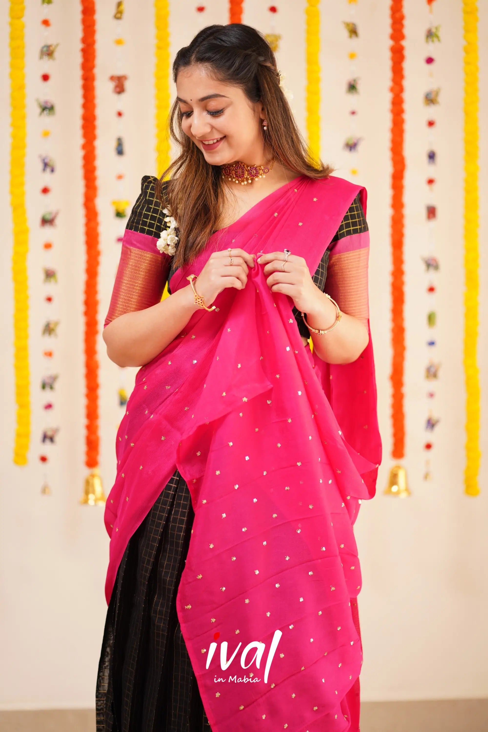 Sayuri - Pink And Black Silk Cotton Halfsaree Half Sarees