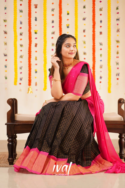 Sayuri - Pink And Black Silk Cotton Halfsaree Half Sarees