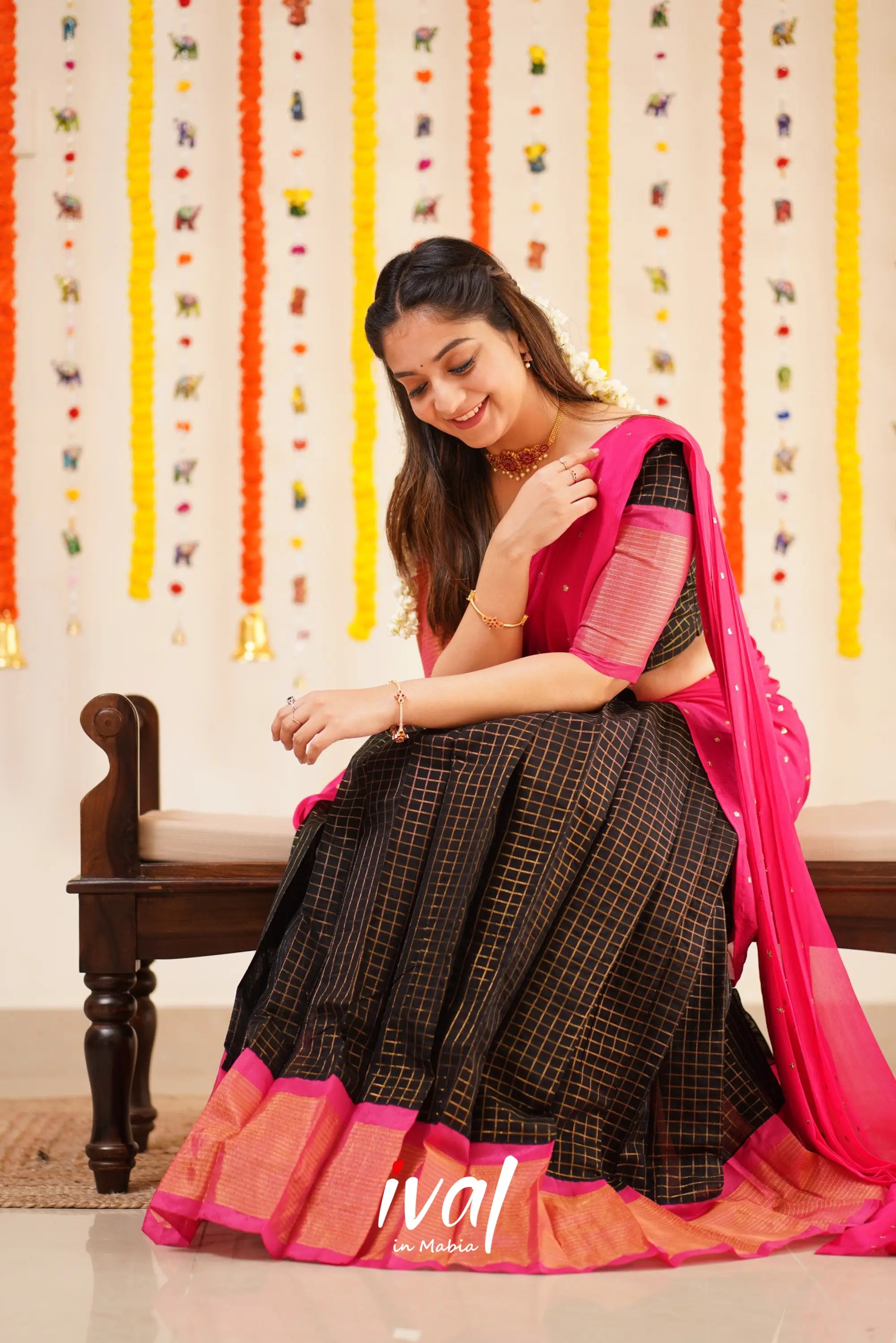 Sayuri - Pink And Black Silk Cotton Halfsaree Half Sarees