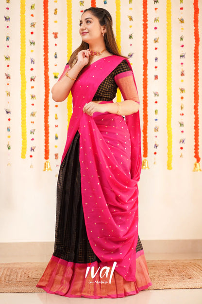 Sayuri - Pink And Black Silk Cotton Halfsaree Half Sarees