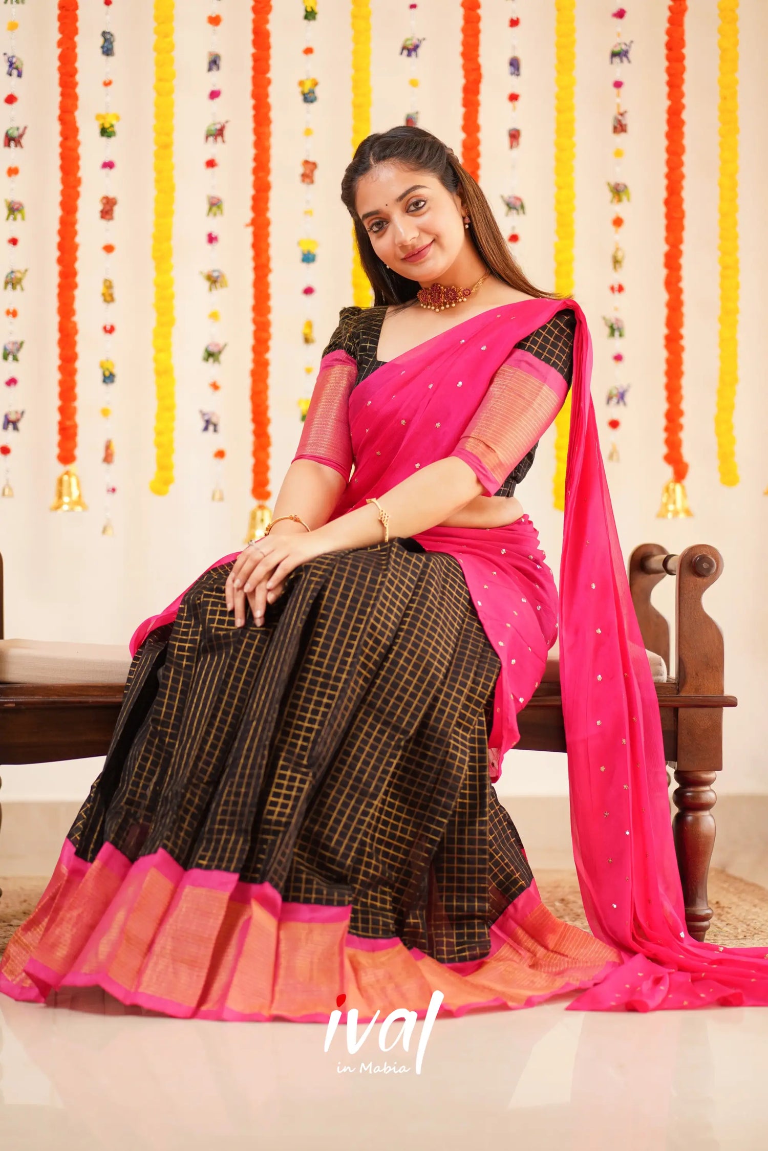 Sayuri - Pink And Black Silk Cotton Halfsaree Half Sarees