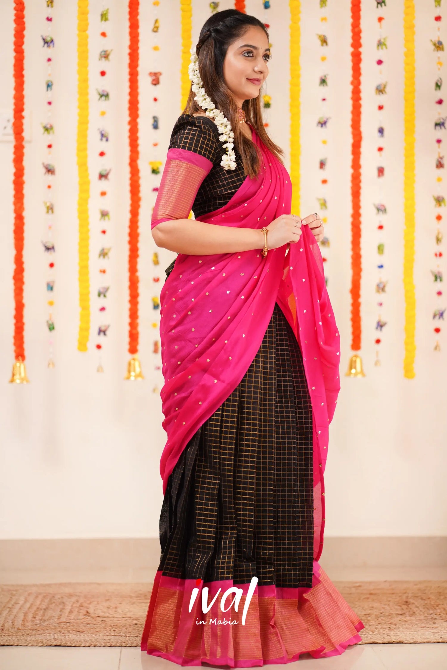 Sayuri - Pink And Black Silk Cotton Halfsaree Half Sarees