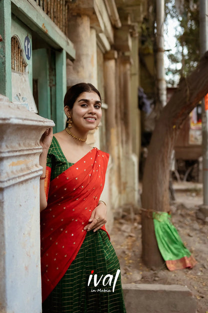 Sayuri Silk Cotton Half Saree - Bottle Green And Red Sarees